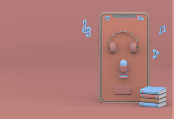 smartphone with audio headphones next to a stack of books on them there is a microphone around a cloud and notes on a beige isolated background 3 d render cartoon, audiobook applications