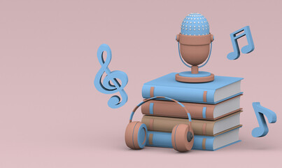 books, microphone, notes and headphones on a beige isolated background 3 d render cartoon, audiobook concept