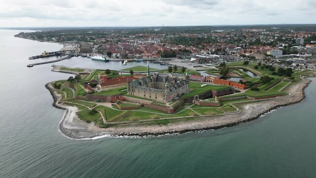huge castle directly on the coast, kronborg slot, little town, baltic sea, helsingor, denmark, europe, drone