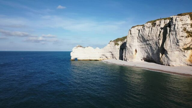 big and beautiful chalk cliffs on the coast, atlantic ocean, drone, france, etretat