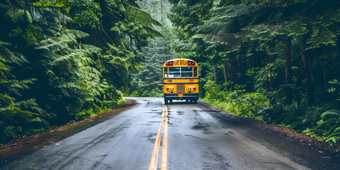 Ônibus escolar amarelo clássico dirigindo por uma estrada arborizada - obrazy, fototapety, plakaty