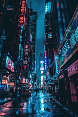 A cyberpunk cityscape with towering skyscrapers, flickering neon signs, and dark alleyways, depicting the gritty and dystopian side of the digital future, Generative AI