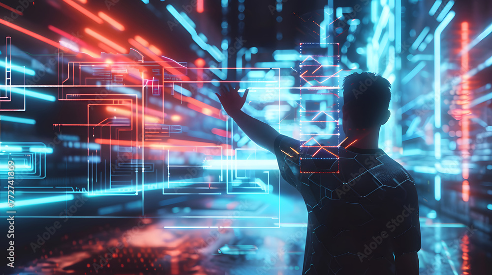 Poster navigating the future man interacting with abstract arrow indicator on virtual screen. generative ai