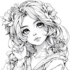 portrait of a girl with flowers, hand drawn
