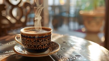 Savoring a steaming cup of Arabic coffee, brewed to perfection with bold flavors and infused with aromatic cardamom ai image - obrazy, fototapety, plakaty
