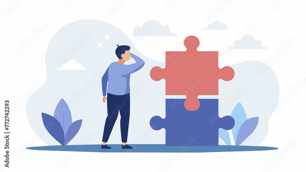 Poster a person standing back and looking at a completed jigsaw puzzle but with a look of detachment or dis