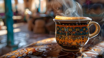 Delighting in a steaming cup of Arabic coffee, meticulously brewed with bold flavors and infused with aromatic cardamom ai image