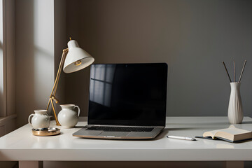 Laptop, pen and books on white table with chandelier shining down on it, still life photo - obrazy, fototapety, plakaty