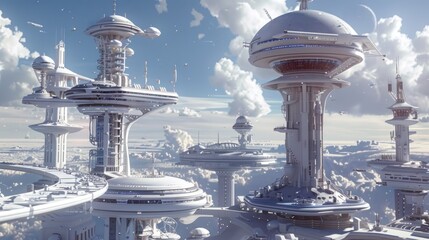 Generiere eine Szene einer futuristischen Raumstadt auf einem entfernten Planeten.   - obrazy, fototapety, plakaty
