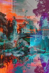 Obraz na płótnie Canvas A surreal dreamscape where reality and digital fantasy merge, featuring pixelated landscapes, glitchy effects, and surreal imagery, Generative AI