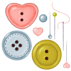 A watercolor collection of isolated objects featuring colorful buttons in round and heart shapes, along with needles, pins, and rhinestones. Colors pink, green, and blue. for crafting, sewing