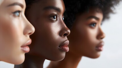 Obraz premium Side Profile of Three Diverse Women, Concept of Unity in Diversity. Clean Composition, Close-up, Studio Shot. Perfect for Social Themes. AI