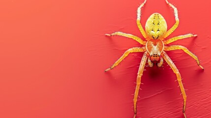 Yellow sac spider on a red background. Dangerous insect.