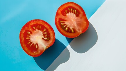 Vibrant Sliced Tomato on Blue Backdrop, Fresh Salad Ingredient, Perfect for Health Blogs and Cookbooks. Culinary Still Life Photo. AI