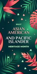 Asian american, native hawaiian and pacific islander heritage month. Vector vertical banner for social media. Illustration with text. Asian Pacific American Heritage Month on green background - obrazy, fototapety, plakaty