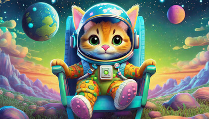 Oil painting style CUTE BABY CAT Astronaut sitting in a lawn chair on the moon with earth rising over the horizon