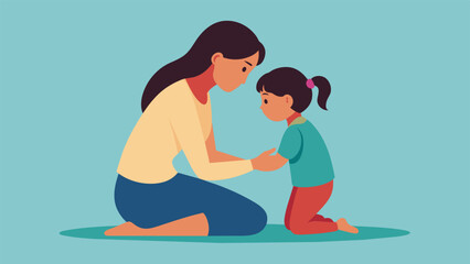 A mother kneels down to her daughters level gently wiping away her tears and assuring her that she is safe and loved.