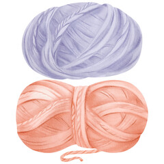 A set of watercolor illustration of a pink and blue thread spool. Made of wool and cotton fibers. for sewing shops, textile manufacturers, educational materials for sewing and knitting classes