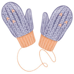 A composition of knitted mittens connected by a thread. Winter clothing item. Purple and orange colors. Isolated watercolor object. for winter greeting cards, cozy apparel designs, festive holiday