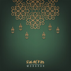 vector design with a square composition of Eid al-Fitr greetings with a green and gold color theme