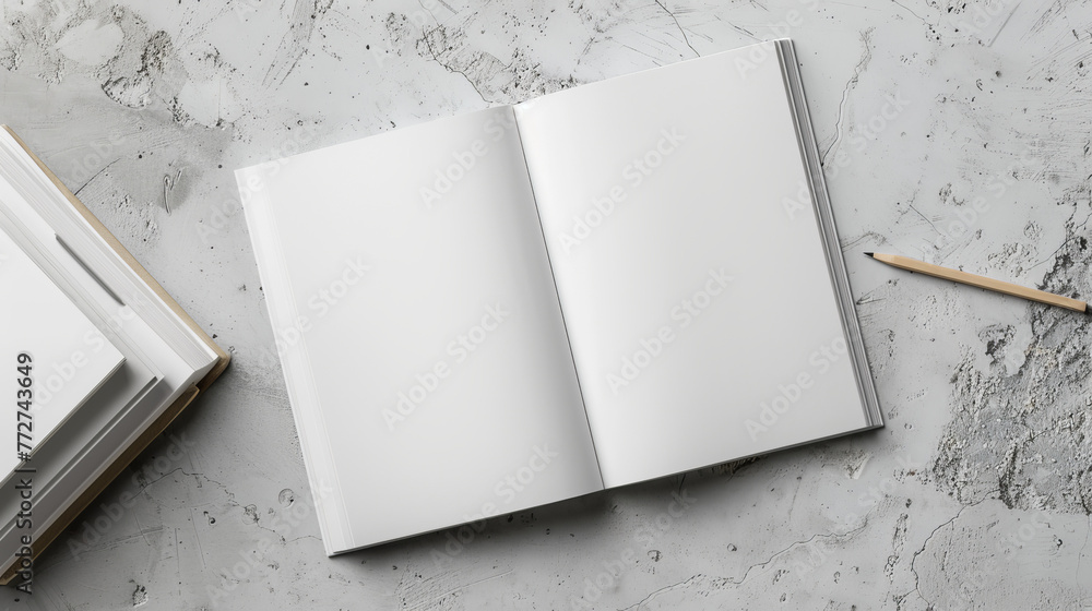 Poster an open notebook with blank pages lies waiting to be filled with ideas or sketches, the blank label 