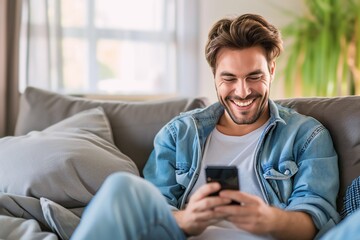 Caucasian man playing with smartphone while laughing