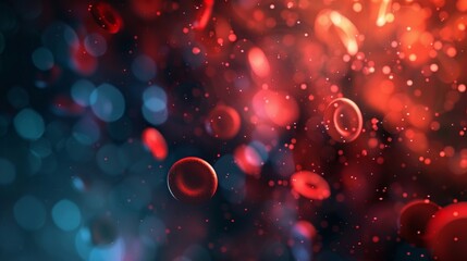 Abstract representation of red blood cells against a blurry red and blue background - obrazy, fototapety, plakaty