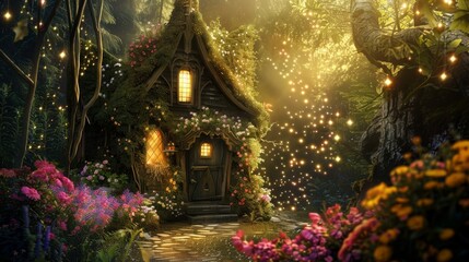 A quaint fairy-tale house enveloped in a blooming garden with twinkling lights, exuding a mystical ambiance. - obrazy, fototapety, plakaty