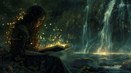 An elven maiden is lost in a spellbinding tome, with radiant light swirling around her in a mystical waterfall grove.