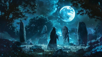 A cloaked sorcerer channels arcane energy among ancient standing stones under the radiant light of a full moon. - obrazy, fototapety, plakaty