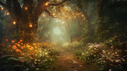 As dawn's light filters through, a charming garden path becomes ethereal with fairy lights and a rich tapestry of blooming flowers.