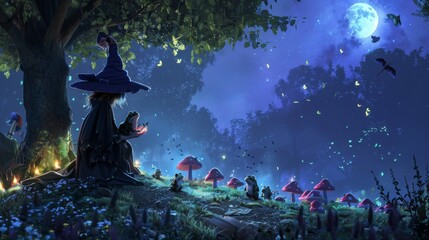 A solitary witch casts spells in a moonlit glade, surrounded by curious frogs and magical mushrooms, creating a scene of enchantment.