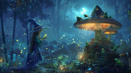 A mystical sorceress interacts with frogs atop glowing mushrooms in a magical forest, illuminated by a captivating, bioluminescent light.