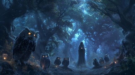 In a dreamlike forest, a cloaked figure stands among luminous owls, as if part of an ancient and mystical gathering under a starlit sky. - obrazy, fototapety, plakaty