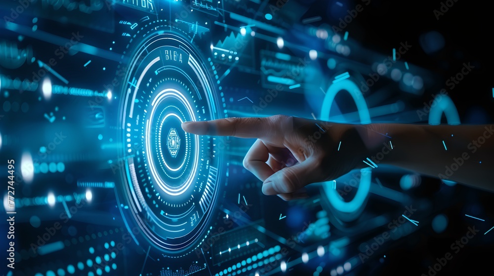 Poster futuristic interface being operated by a person touching a circular digital hologram. modern technol