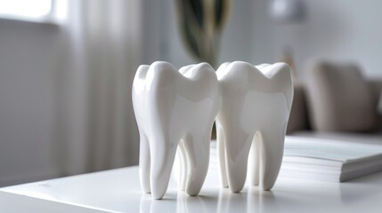 ultra-realistic photo of 5 accessories in shape of tooth on white table, minimalistic, creative, 