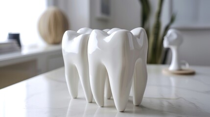 ultra-realistic photo of 5 accessories in shape of tooth on white table, minimalistic, creative 
