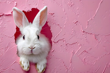 Easter bunny peeps out of the pink wall, adding a cheerful and festive touch to the holiday decoration.