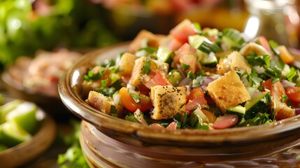 Enjoying a vibrant bowl of fattoush, adorned with a colorful medley of fresh vegetables ai image - obrazy, fototapety, plakaty