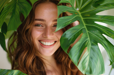 A closeup portrait of an attractive woman with wavy brown hair, smiling and holding large monstera leaves in front of her face