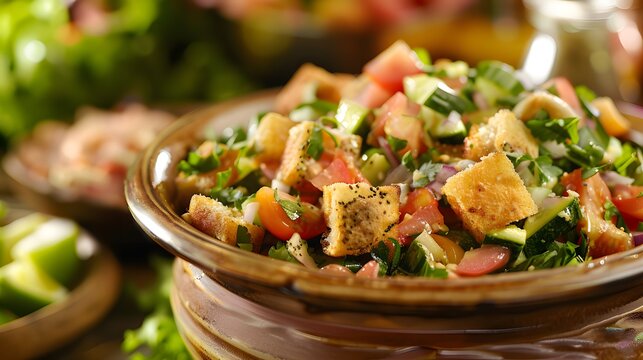 Enjoying a vibrant bowl of fattoush, adorned with a colorful medley of fresh vegetables ai image