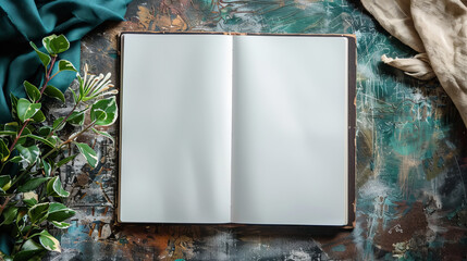 Open book with blank label pages on a colorful artistic backdrop, surrounded by greenery and fabric