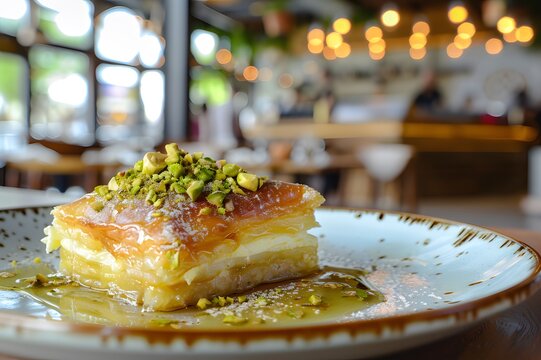Savoring a tantalizing plate of künefe, featuring a delightful cheese pastry soaked in sweet syrup and generously adorned with vibrant pistachios ai image