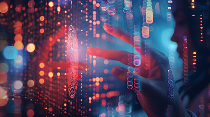 Woman fingerprint identification on mobile phone to access personal financial data. generative ai.