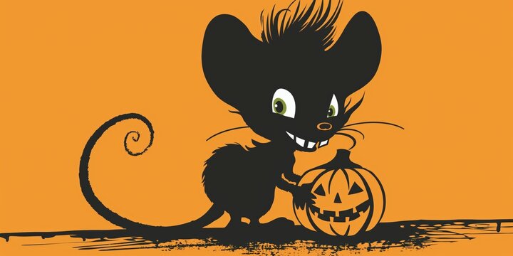 A cartoon mouse with a playful expression standing next to a small carved pumpkin.