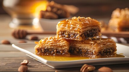 Enjoying a delectable tray of baklava, boasting layers of flaky filo pastry generously filled with a mixture of nuts and drizzled with golden honey ai image - obrazy, fototapety, plakaty