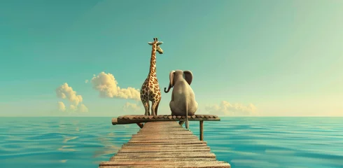 Foto op Canvas A giraffe and an elephant sitting on the end of a wooden bridge © Kien