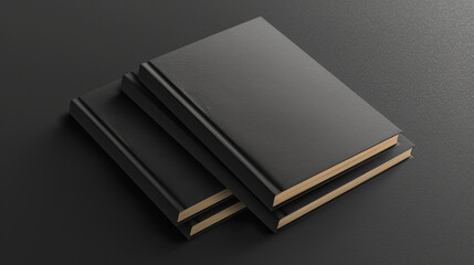 Three black hardcover books stacked on a dark surface, showcasing a blank label on the spine for design mockup