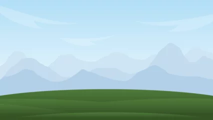 Rucksack landscape scene. blank green field and mountain background © piggu
