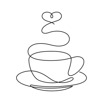 a cup of hot drink and heart shape hot steam thin line illustration continuous